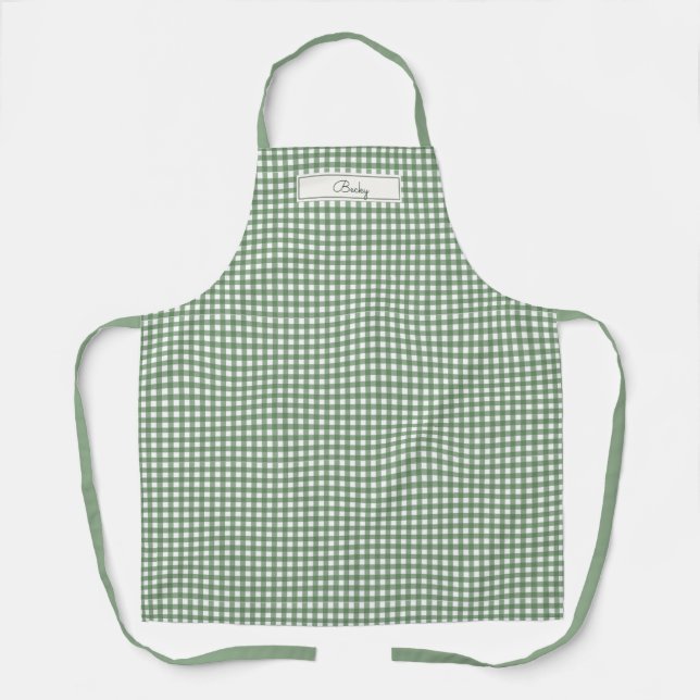 Delantal Gingham Pattern in Green with Name (Anverso)