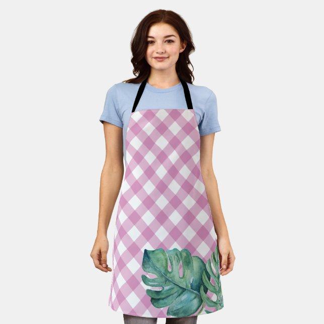 Delantal Gingham Tropical Pink Kitchen Apron por ella (Gastado)