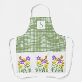 Delantal Gingham Verde de Granja con Monograma de Flores Si