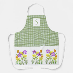 Delantal Gingham Verde de Granja con Monograma de Flores Si