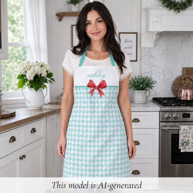 Delantal Gingham Verde Turquesa (sweet cottagecore coquette rustic retro teal green gingham apron with red bow with custom name)
