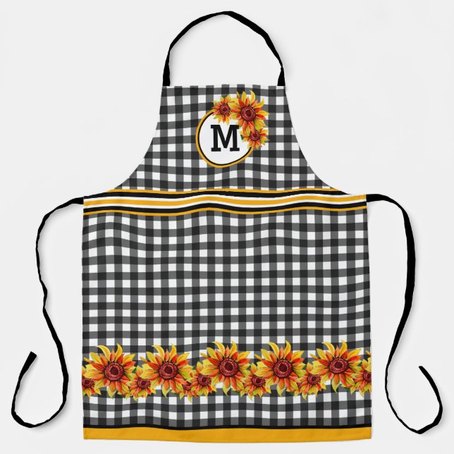 Delantal Girasoles en Gingham Negro Monogramado (Anverso)