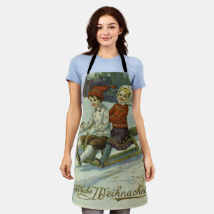 Delantal Girl and boy enjoy a sleigh ride illustration