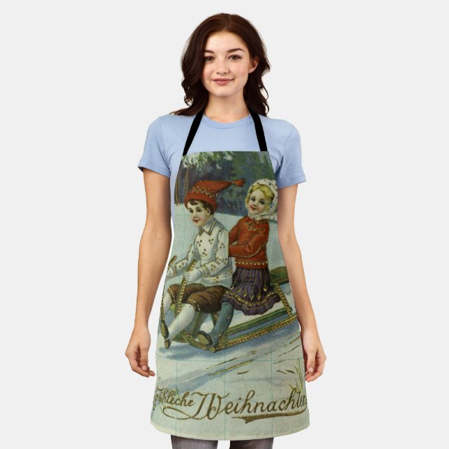 Delantal Girl and boy enjoy a sleigh ride illustration (Gastado)