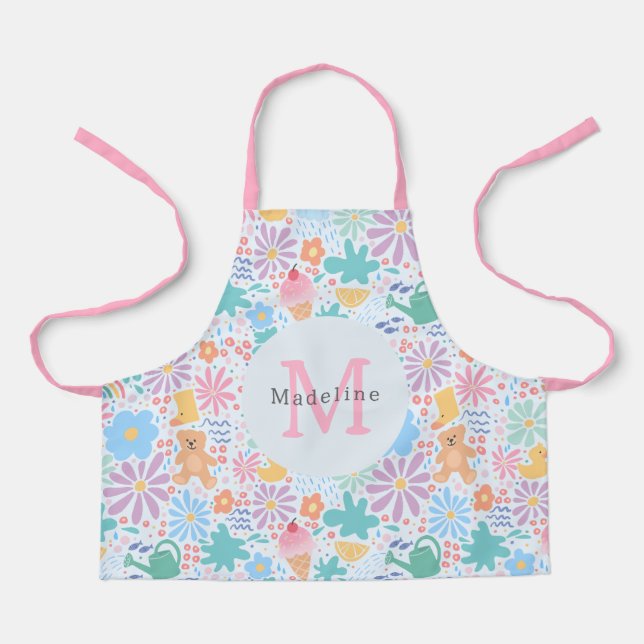 Delantal Girly Cute Floral Pink Rainbow Monogram (Anverso)