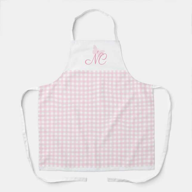 Delantal Girly Rubor Pink Butterfly Monogram Gingham Checks (Anverso)