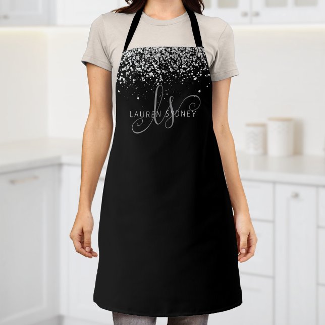 Delantal Glam Black Silver Purpurina Glam Monograma Nombre (Subido por el creador)