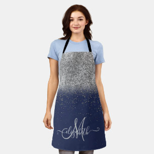 Delantal Glitter Ombre Plateado Moderno Monograma Azul Mari