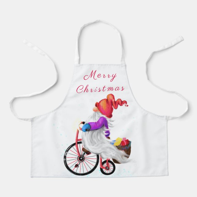Delantal Gnome de navidades con bicicleta y regalo (Anverso)