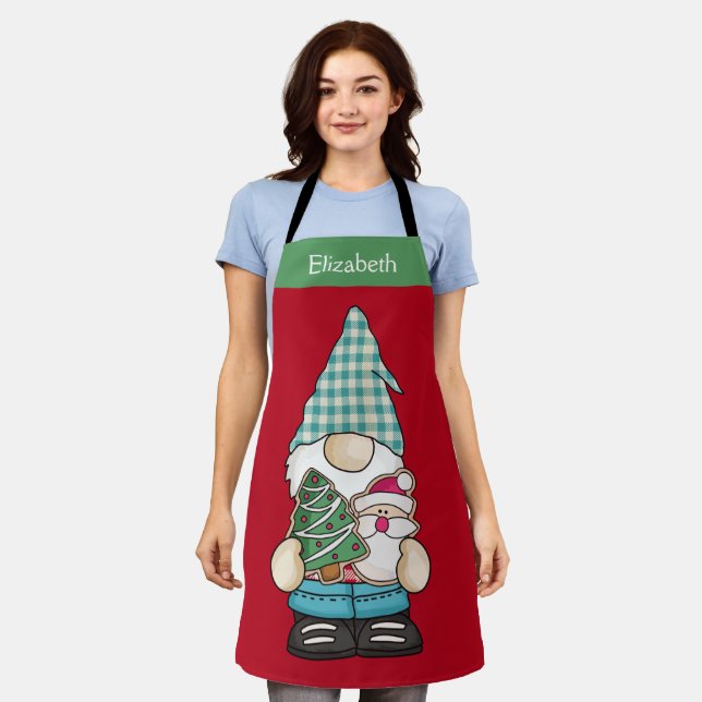 Delantal Gnomo Personalizado Rojo Verde Navidad Fiesta (Gastado)