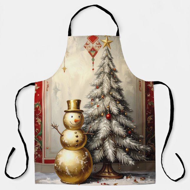 Delantal Gold Snowman Christmas Tree Holiday Apron (Anverso)