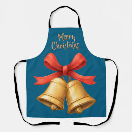 Delantal Golden Christmas Bells Blue Holiday Apron