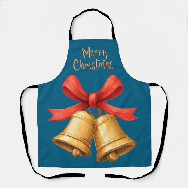 Delantal Golden Christmas Bells Blue Holiday Apron (Anverso)