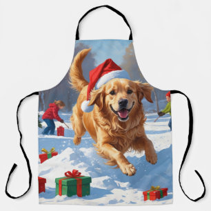 Delantal Golden Retriever en la nieve con sombrero de Navid