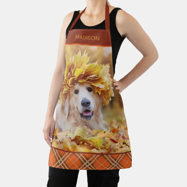 Delantal Golden Retriever Photo Fall Tartan Personalizado (in situ)