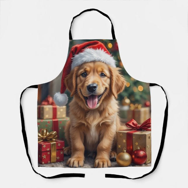 Delantal Golden Retriever Puppy's First Christmas Festive (Anverso)