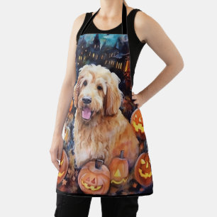Delantal Goldendoodle de Halloween con calabazas aterrador