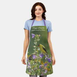 Delantal Goldfinch en una flor harebell