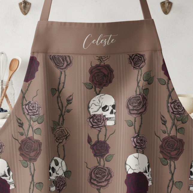 Delantal Gothic Dark Tan Brown Floral Skulls (Elegant Brown Dark Tan Gothic Aprons for Her Birthday. Skulls Roses on Gradient Stripes Pattern)
