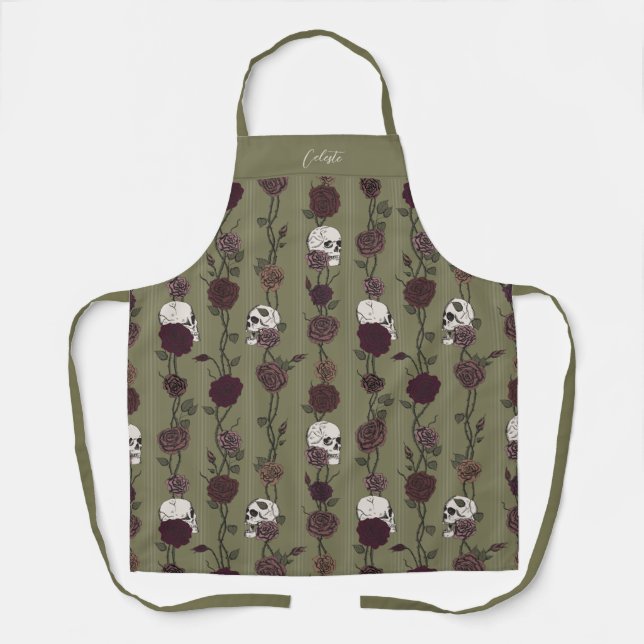 Delantal Gothic Olive Green Floral Skulls (Anverso)