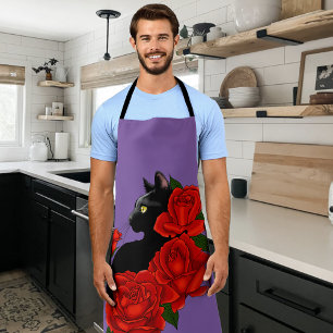 Delantal Gótico Gato Negro Rosas Rojas Púrpura