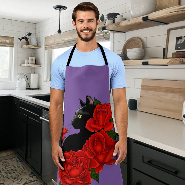 Delantal Gótico Gato Negro Rosas Rojas Púrpura (Subido por el creador)