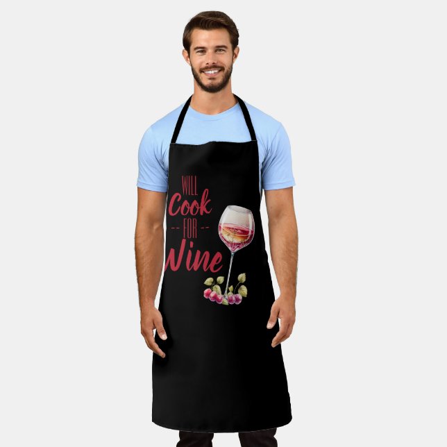 Delantal Gracioso "Cocinará por el Vino" negro y rojo humor (Gastado)