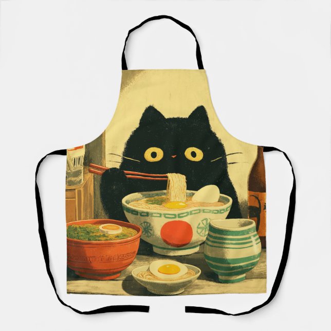 Delantal Gracioso gato negro comiendo Ramen (Anverso)