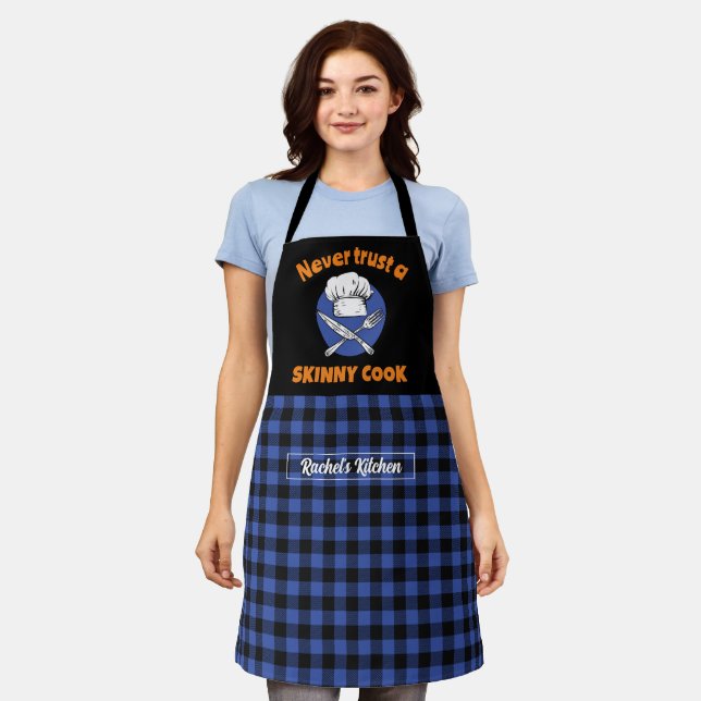 Delantal Gracioso Skinny Cook Black Blue Plaid Pattern (Gastado)