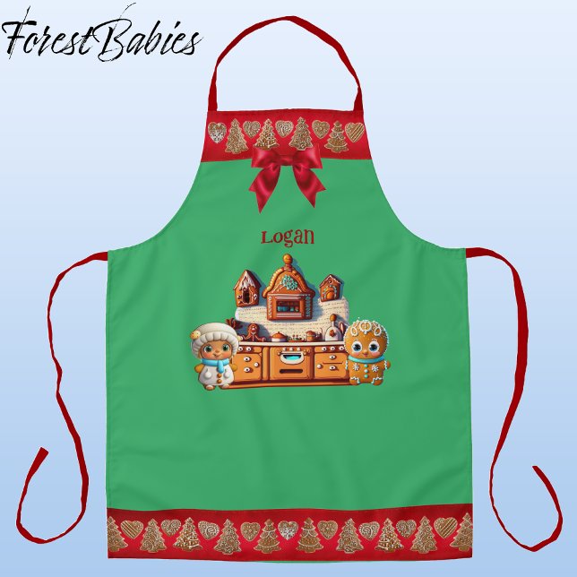Delantal Gráfica de cocina para niños y Chicas (Gingerbread Kitchen, Man, Boy & Woman, Girl Christmas 🎄Customizable ForestBabies Apron)