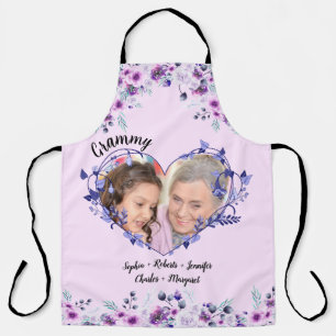 Delantal Grammy Purple Floral Heart Grandkids Nombre y Foto