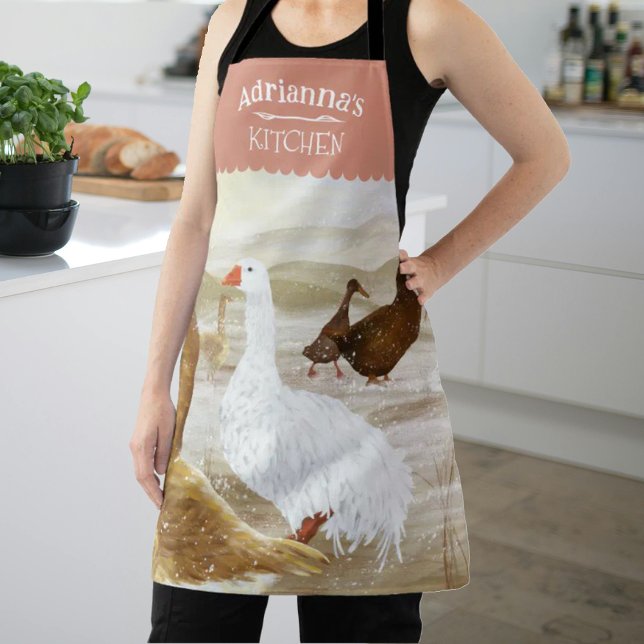 Delantal Granja nostálgica de malva personalizada geesa (mauve pink kitchen apron with geese, white & brown wild geese, personalized cooking apron with name)