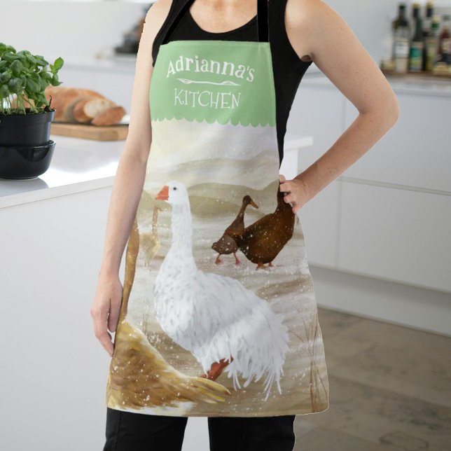 Delantal Granja nostálgica verde personalizado geesa (light green kitchen apron with geese, white & brown wild geese, personalized cooking apron with name)