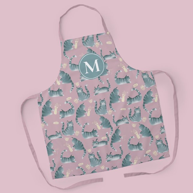 Delantal Graves grisáceos grisáceos golpean a las cosas y m (Bad Grey Tabby Cats & Monogram Design Apron)