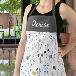 Delantal Gray Blue Watercolor Wildflower Custom Name Apron