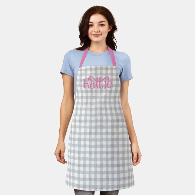 Delantal Gray Watercolor Gingham Apron Personalizado (Gastado)