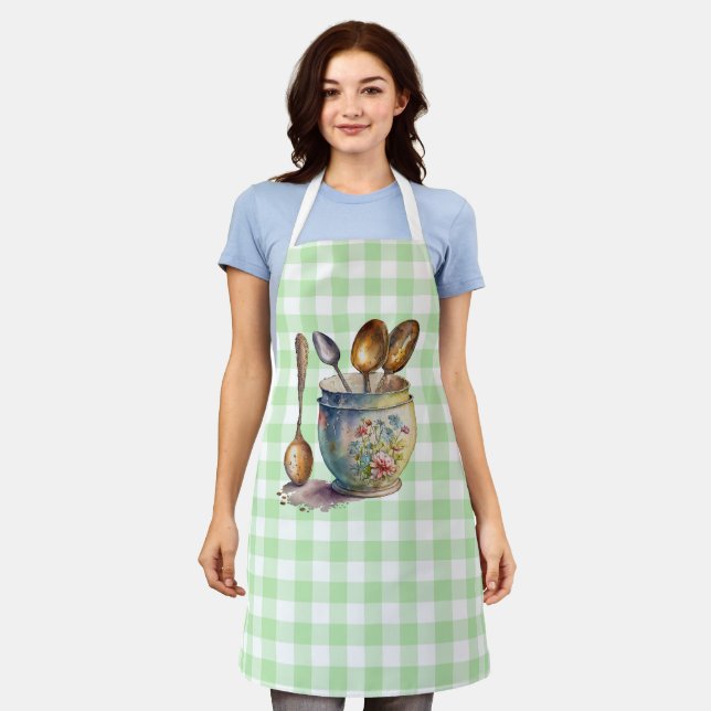 Delantal "Green and White Checkered - Cucharas en la copa (Gastado)