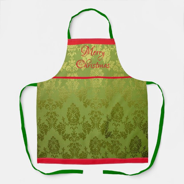 Delantal  Green Faux Brocade Red Trim Holiday Apron (Anverso)