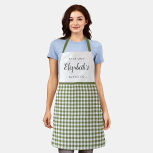 Delantal Green gingham check cocina personalizada para adul