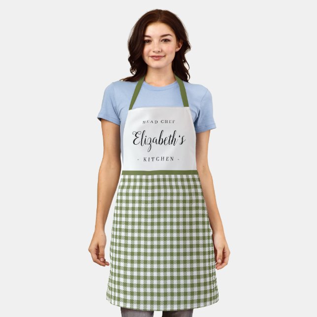 Delantal Green gingham check cocina personalizada para adul (Gastado)