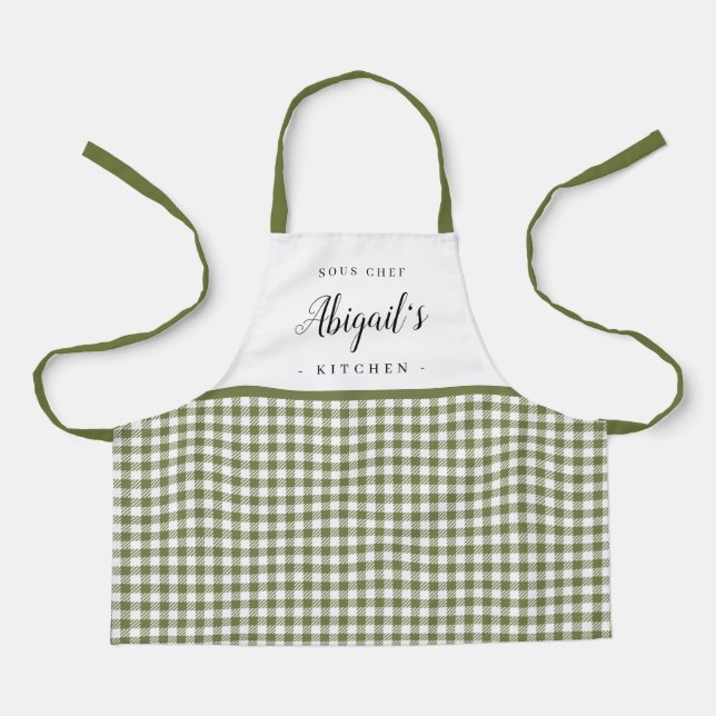 Delantal Green gingham check cocina personalizada para niño (Anverso)