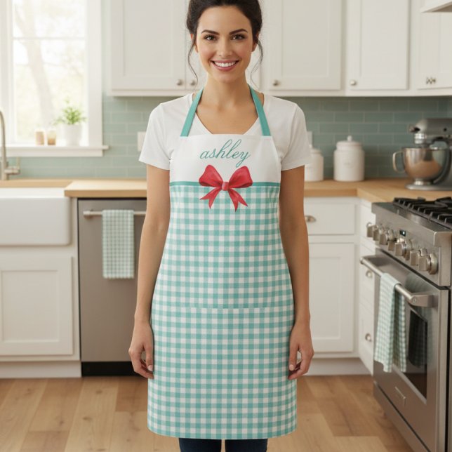Delantal Green Gingham verde azulado (sweet cottagecore coquette rustic retro teal green gingham apron with red bow with custom name)