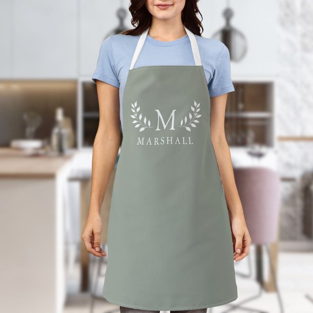 Delantal Green Modern Elegant Floral Monograma Nombre (Green Modern Elegant Floral Monogram Name Apron)