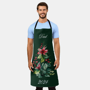 Delantal Green Poinsettia Christmas Tree Name Date