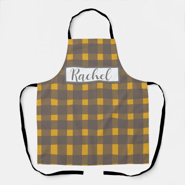 Delantal Gris amarillo Gingham personalizado (Anverso)