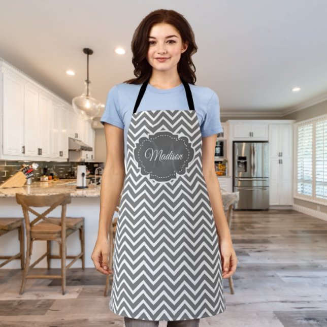 Delantal Gris Chevron Personalizado Apron (Gray Chevron Personalized Apron)