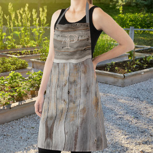 Delantal gris con monograma de tono de madera rúst