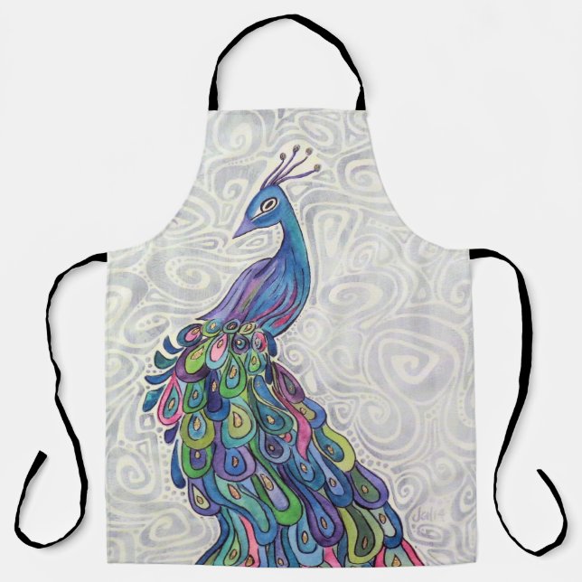 Delantal Groovy Watercolor Peacock Bird Art Apron (Anverso)