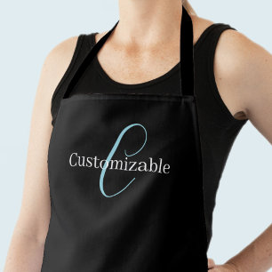Delantal Guion de monograma editable en cursiva negro azul