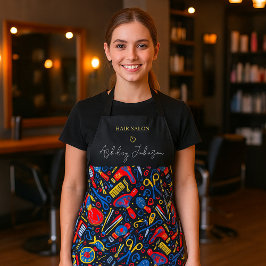 Delantal Hair salon folk pattern — black, red & blue